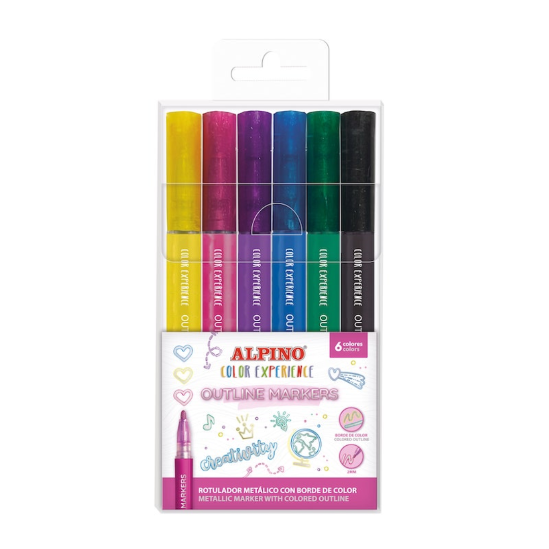 Markere metalice pentru conturare, varf rotund 2 mm, 6 culori/set, ALPINO Color Experience