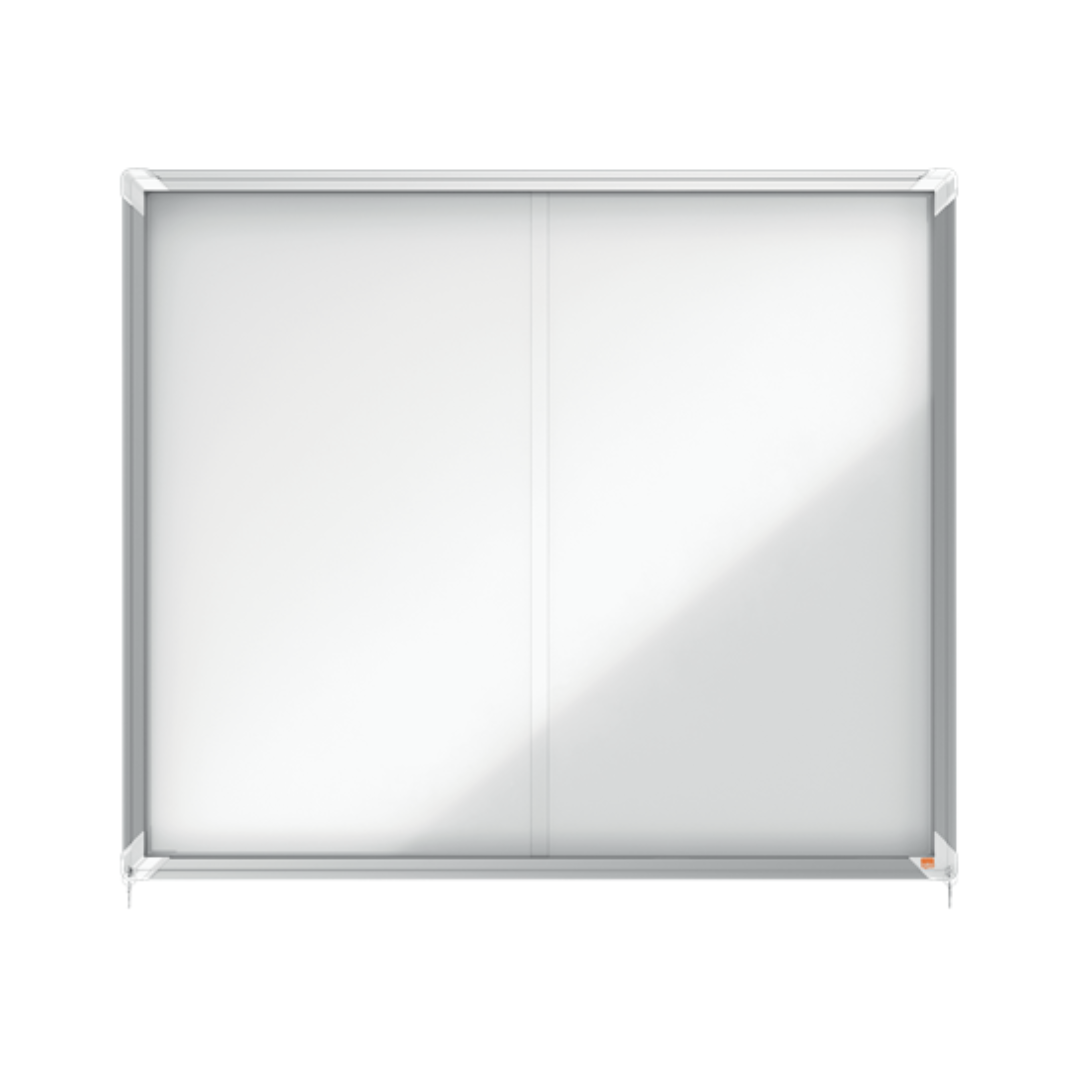 Avizier NOBO Premium Plus, interior, otel emailat, 15x A4, geam glisant si cheie, magnetic, alb