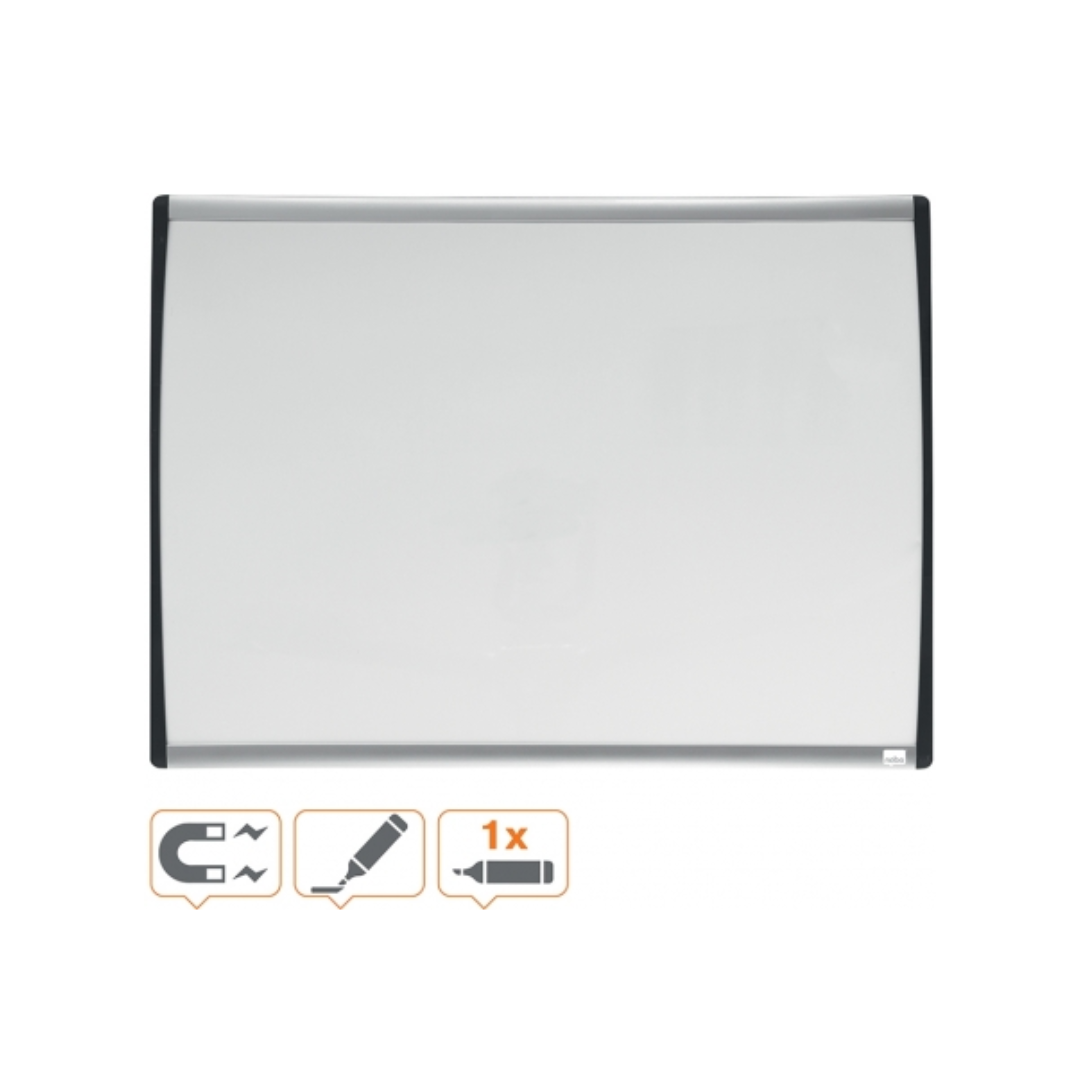Table magnetice albe Nobo, Tabla NOBO, 58x43 cm, magnetica, include marker si magneti, alb, rama arcuita gri-negru - vectordirect.ro