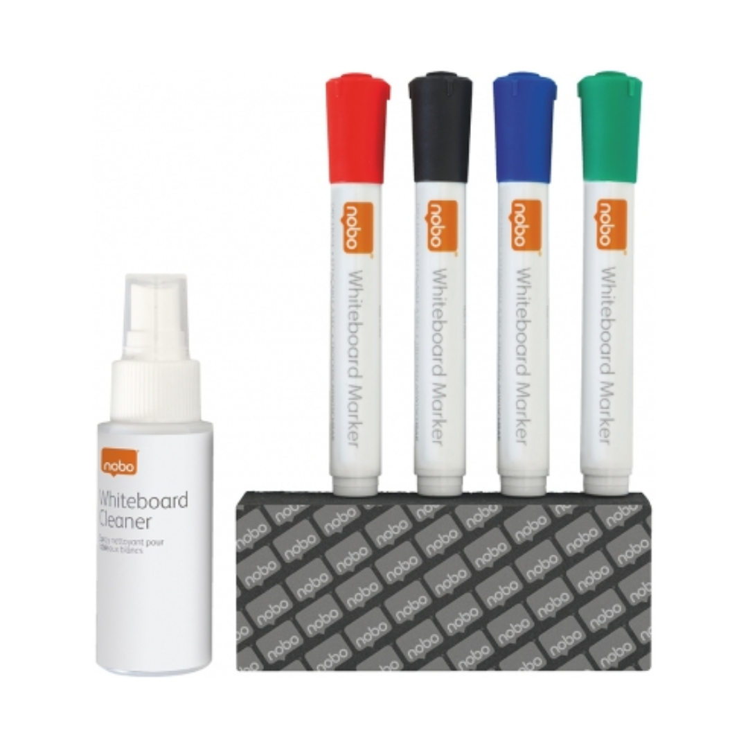 Table magnetice cu suport Nobo, Kit pentru tabla NOBO, 4 markere diverse culori, burete magnetic, spray curatare 50 ml - vectordirect.ro