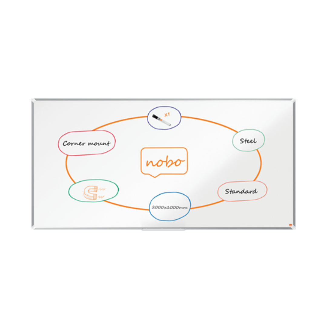 Tabla NOBO Premium Plus, otel lacuit, 200x100 cm, magnetica, include marker si tavita, alb