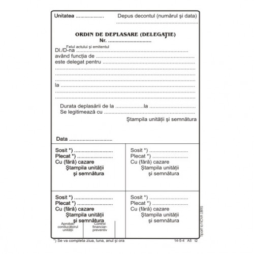 Indecsi si separatoare, Ordin deplasare MODEL VECHI A5, 100 coli/carnet - vertical - vectordirect.ro