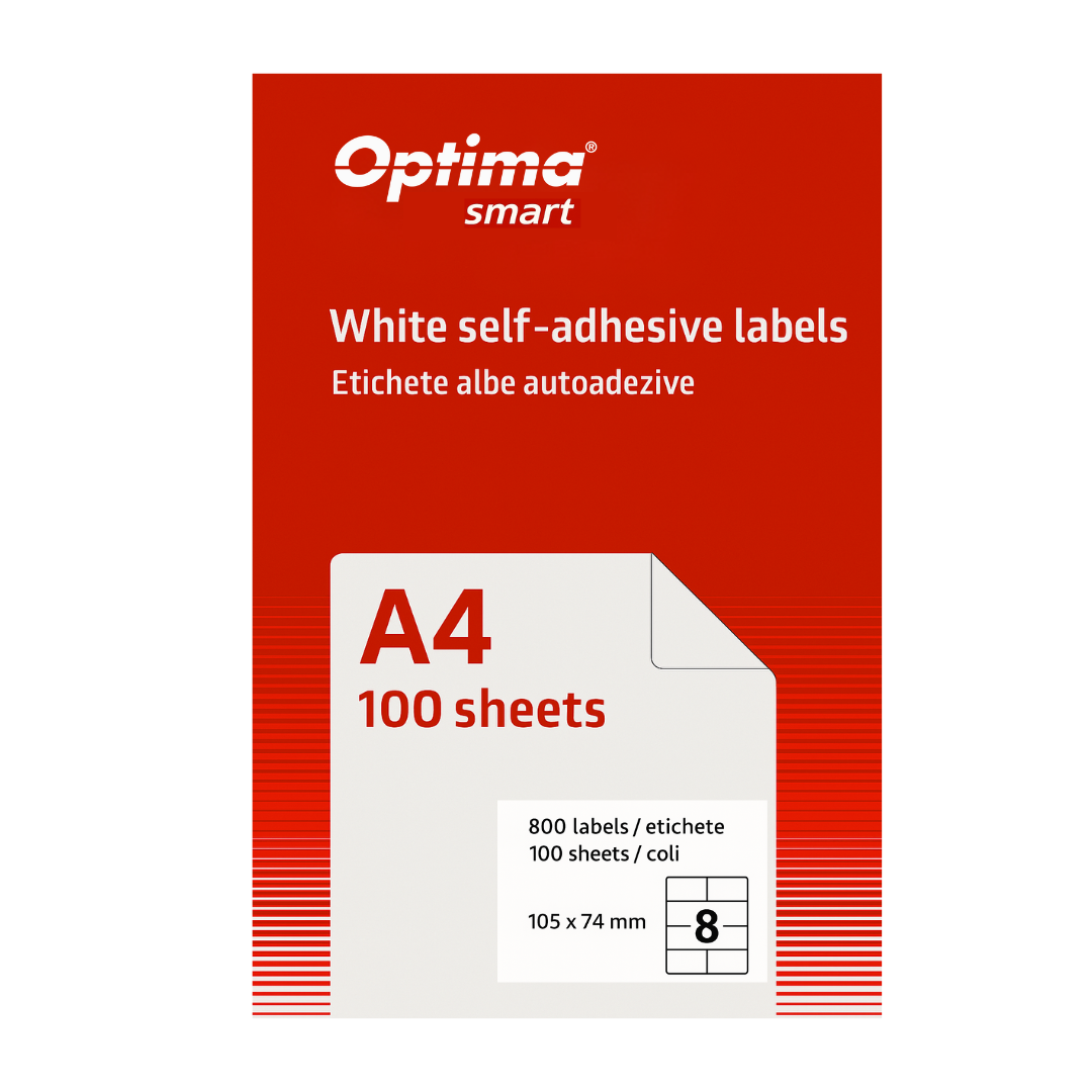 Etichete autoadezive albe, Etichete albe autoadezive 8/A4, 105 x 74 mm, 100 coli/top, Optima Smart - vectordirect.ro