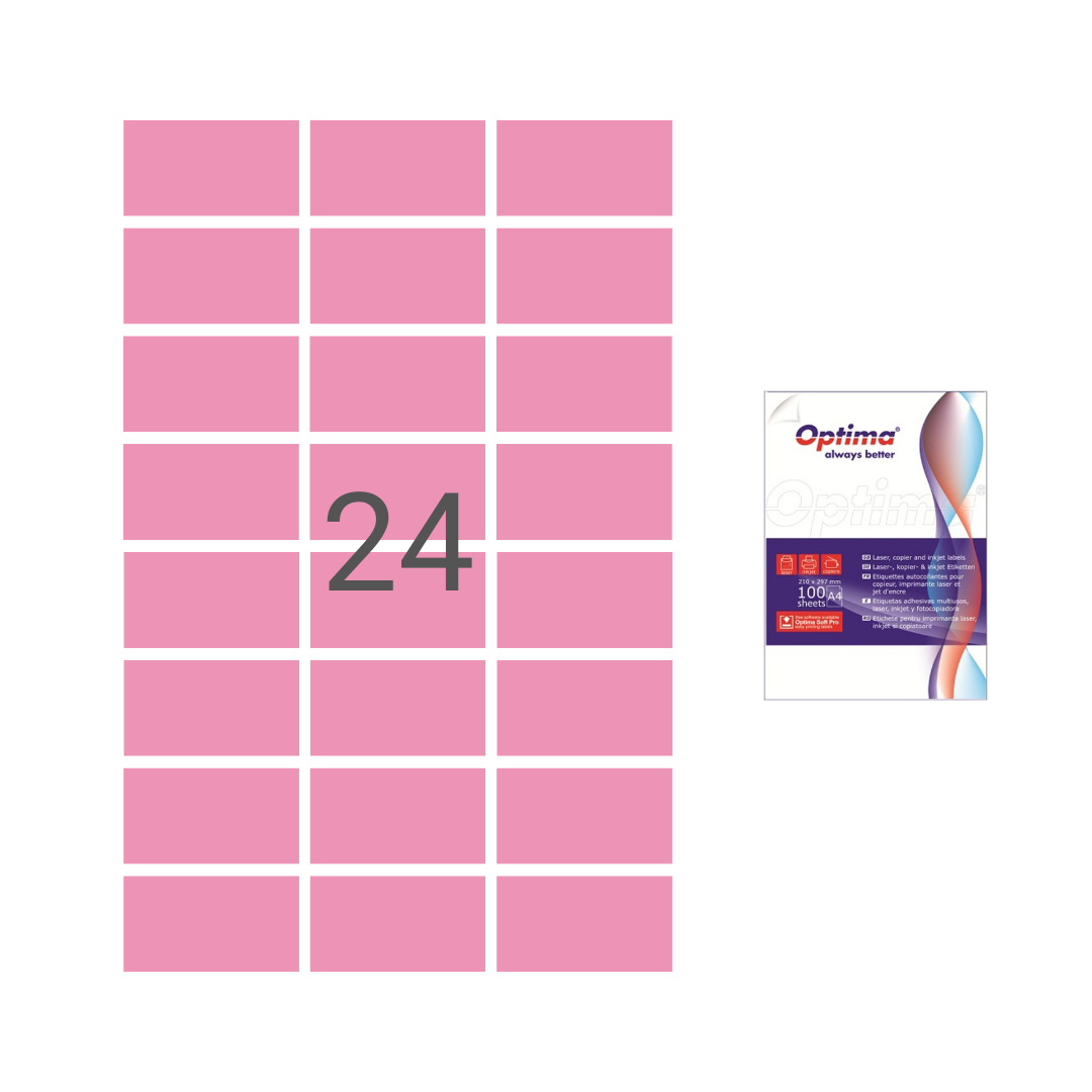 Optima, Etichete color autoadezive 24/A4, 70 x 37 mm, 100 coli/top, Optima - roz - vectordirect.ro