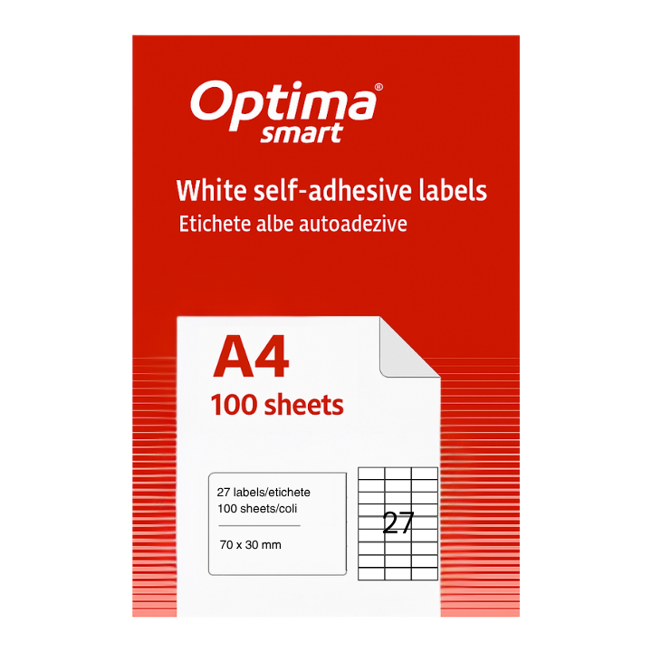 Etichete aut OPTIMA Smart, Etichete albe autoadezive  27/A4, 70 x 30 mm, 100 coli/top, Optima Smart - vectordirect.ro