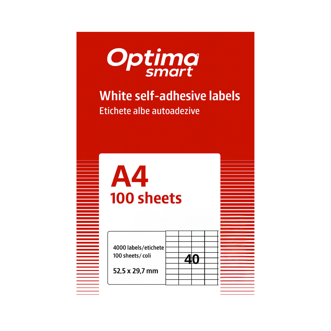 Toate produsele, Etichete albe autoadezive 40/A4, 52,5 x 29,7 mm, 100 coli/top, Optima Smart - vectordirect.ro