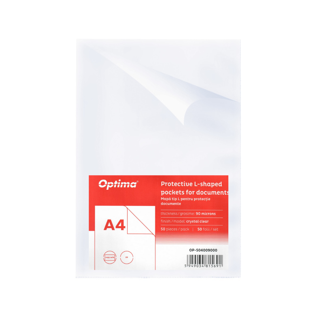 Mape din plastic Optima,  Mapa Documente în L, 90 Microni, 50 Buc/Set, Optima - Cristal- Protecție Maximă pentru Documentele Tale! - vectordirect.ro
