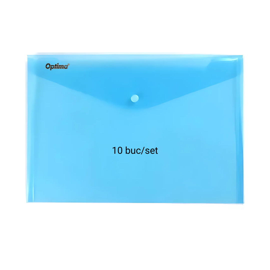 Mape din plastic Optima, Mapa PP protectie documente A4 landscape, inchidere cu capsa, 10/set, Optima - albastru transparent - vectordirect.ro