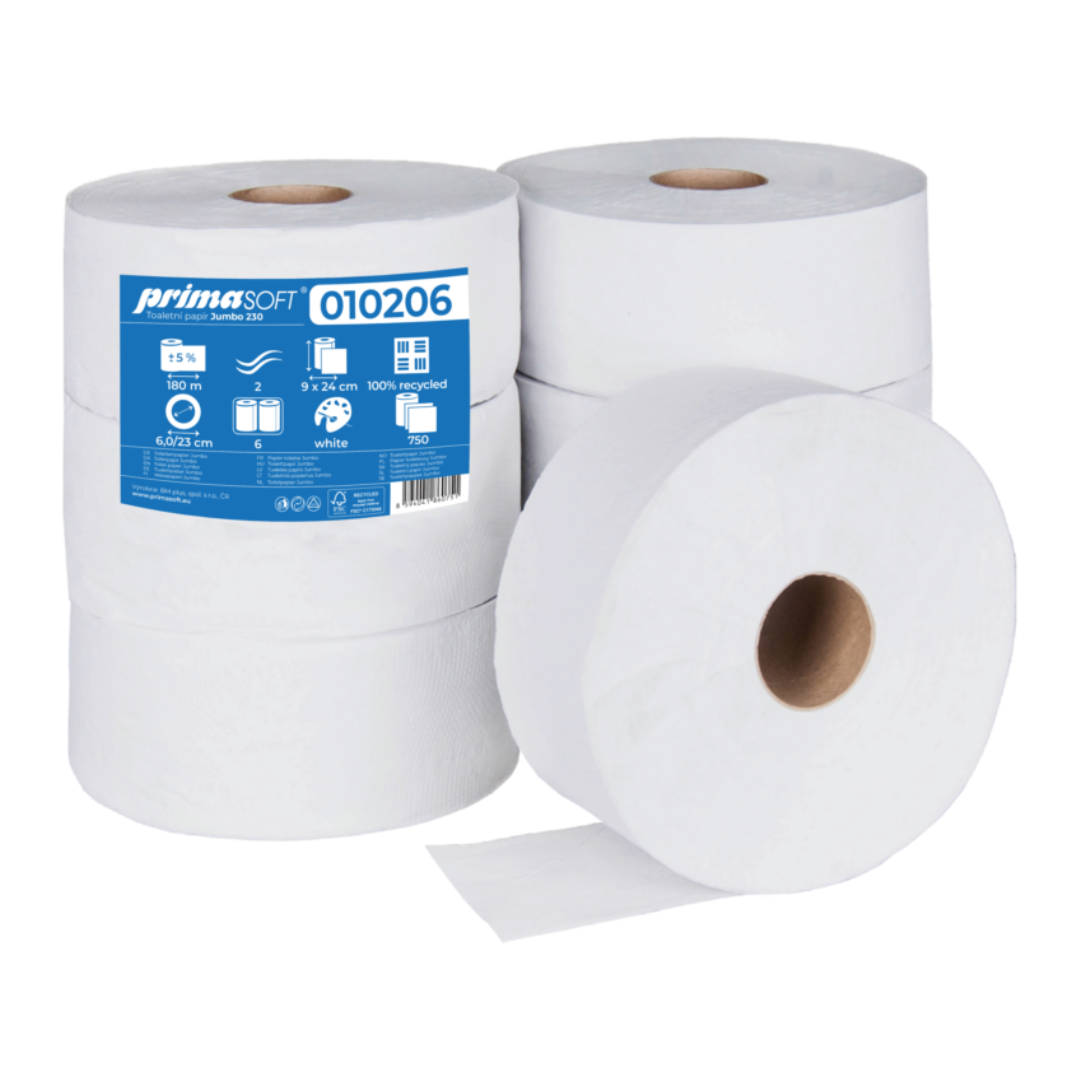Prima Soft, Hartie igienica alba, reciclata, 2 straturi, 180m, 6 role/bax, Prima Soft Jumbo 230 - vectordirect.ro