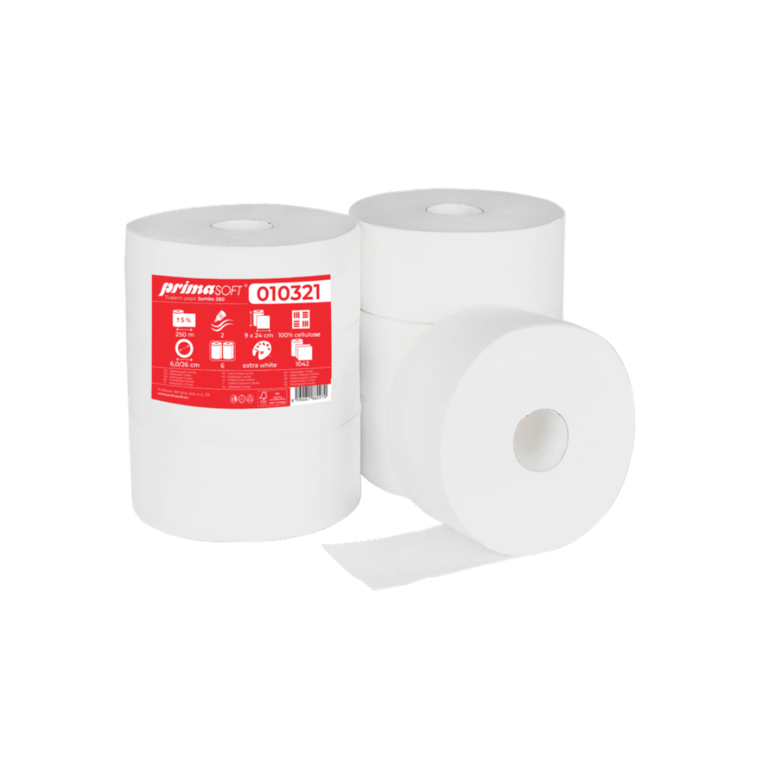 Prima Soft, Hartie igienica alba, 100% celuloza, 2 straturi, 250m, 6 role/bax, Prima Soft Jumbo 280 - vectordirect.ro