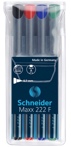 Toate produsele, Universal permanent marker SCHNEIDER Maxx 222 F, varf 0.7mm, 4 culori/set - (N, R, A, V) - vectordirect.ro