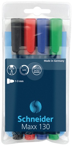 Toate produsele, Permanent marker SCHNEIDER Maxx 130, varf rotund 1-3mm, 4 culori/set - (N, R, A, V) - vectordirect.ro