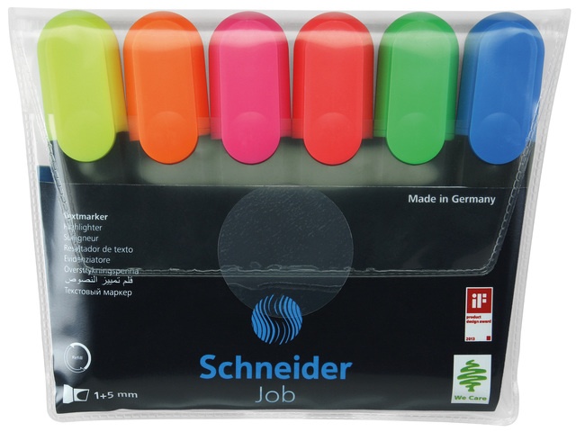Schneider, Textmarker SCHNEIDER Job, varf lat, 6 culori/set - (G, O, V, R, A, R) - vectordirect.ro