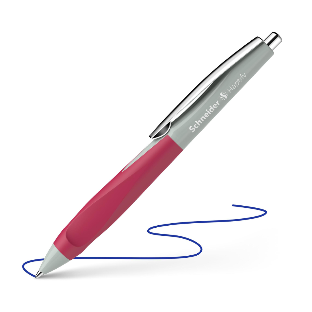 Instrumente de scris, Pix SCHNEIDER Haptify, rubber grip, clema metalica, corp gri/magenta - scriere albastra - vectordirect.ro