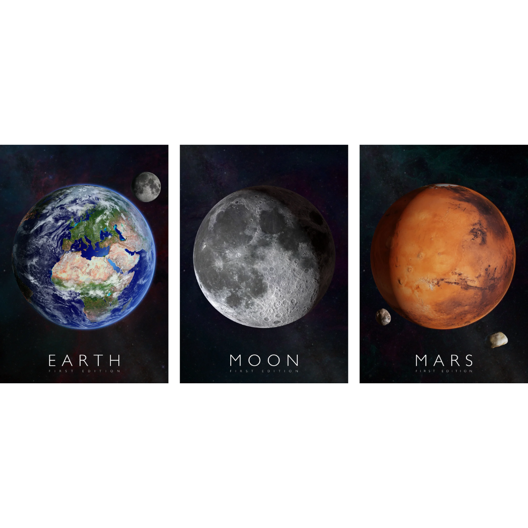 Set 3 postere AR (Realitate Augmentata), Curiscope Multiverse, Pamant, Luna, Marte, format A1