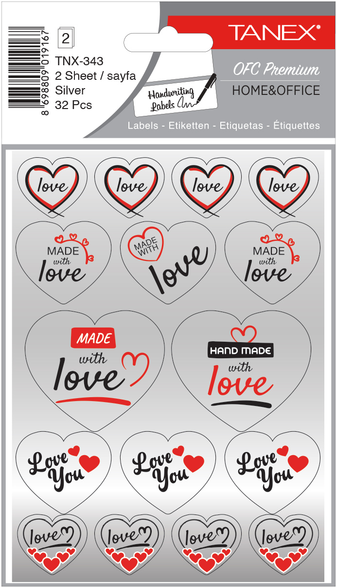 Stickere decorative, 2 file/set, TANEX Kids - inimi - argintii, TNX 343