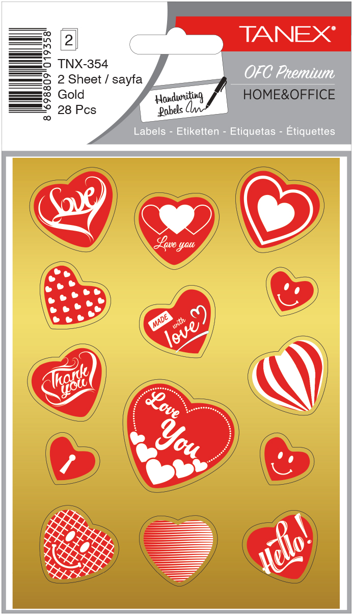Stickere decorative, 2 file/set, TANEX Kids - inimi - aurii, TNX 354