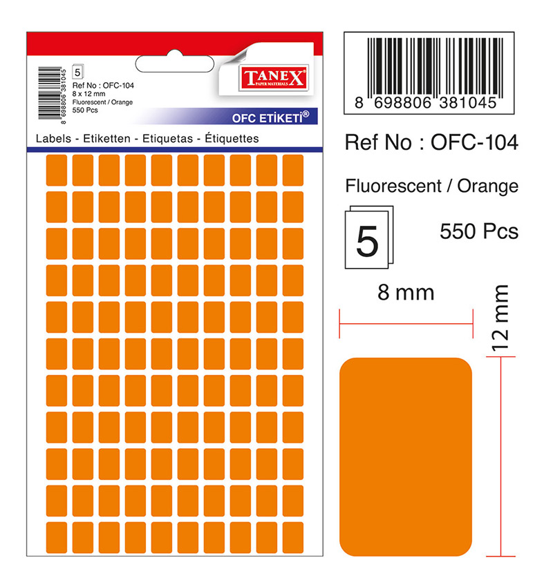 Etichete autoadezive color, 8 x 12 mm, 550 buc/set, TANEX - orange fluorescent