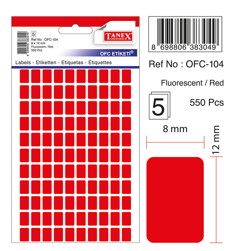 Toate produsele, Etichete autoadezive color,  8 x 12 mm, 550 buc/set, TANEX - rosu fluorescent - vectordirect.ro