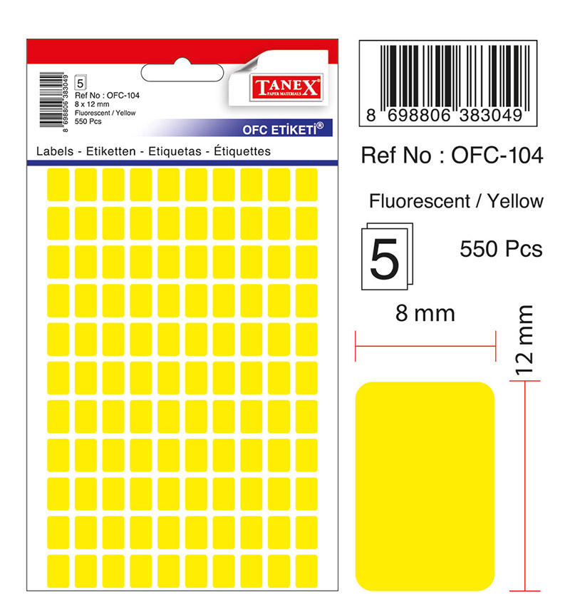 Toate produsele, Etichete autoadezive color, 8 x 12 mm, 550 buc/set, TANEX - galben fluorescent - vectordirect.ro