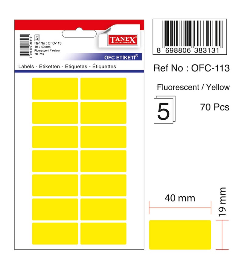 Toate produsele, Etichete autoadezive color, 19 x 40 mm, 70 buc/set, TANEX - galben fluorescent - vectordirect.ro
