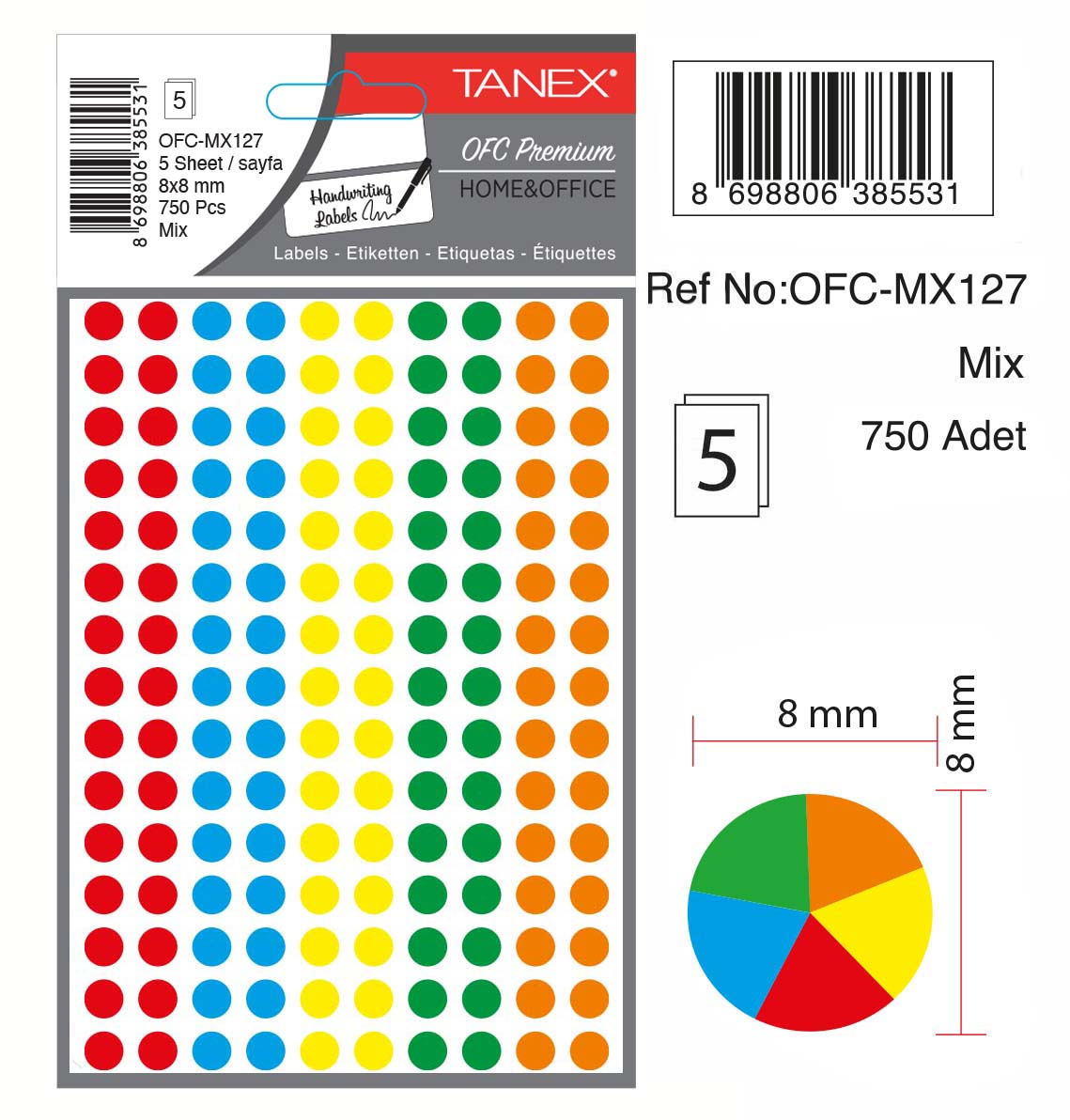Etichete autoadezive color mix, D 8 mm, 240 buc/set, TANEX - culori fluorescente asortate