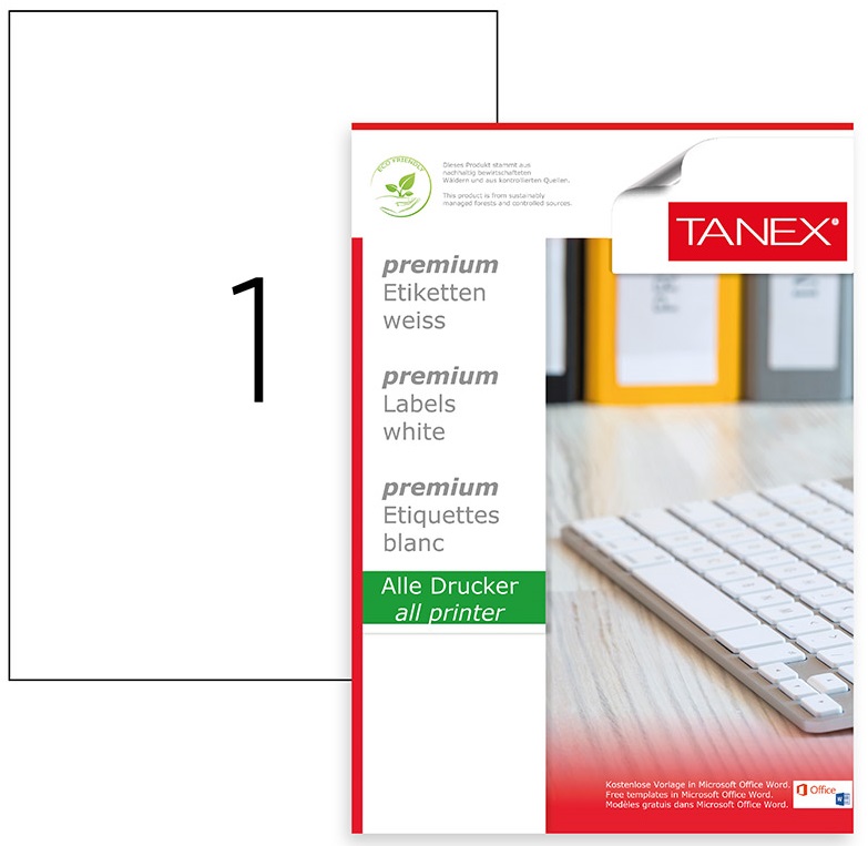 Tanex, Etichete polyester albe, autoadezive,  1/A4, 210 x 297mm, 25 coli/top, TANEX - colturi drepte - vectordirect.ro