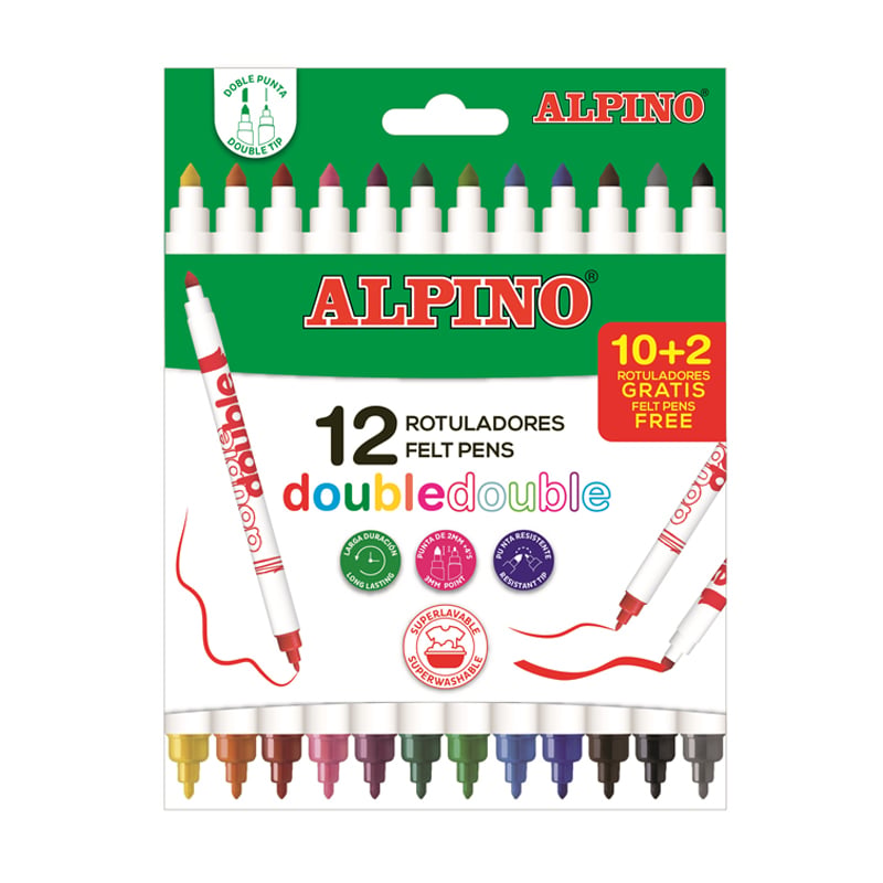Toate produsele, Carioca lavabila, 12 culori/cutie, vaft 2mm/4.5mm, ALPINO Double Double - culori clasice - vectordirect.ro