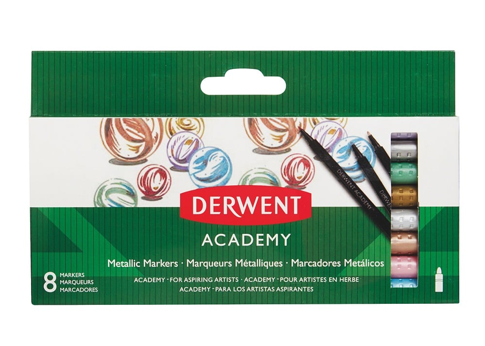 Derwent, Carioci DERWENT Academy, varf ascutit, 8 buc/set, culori metalizate - vectordirect.ro