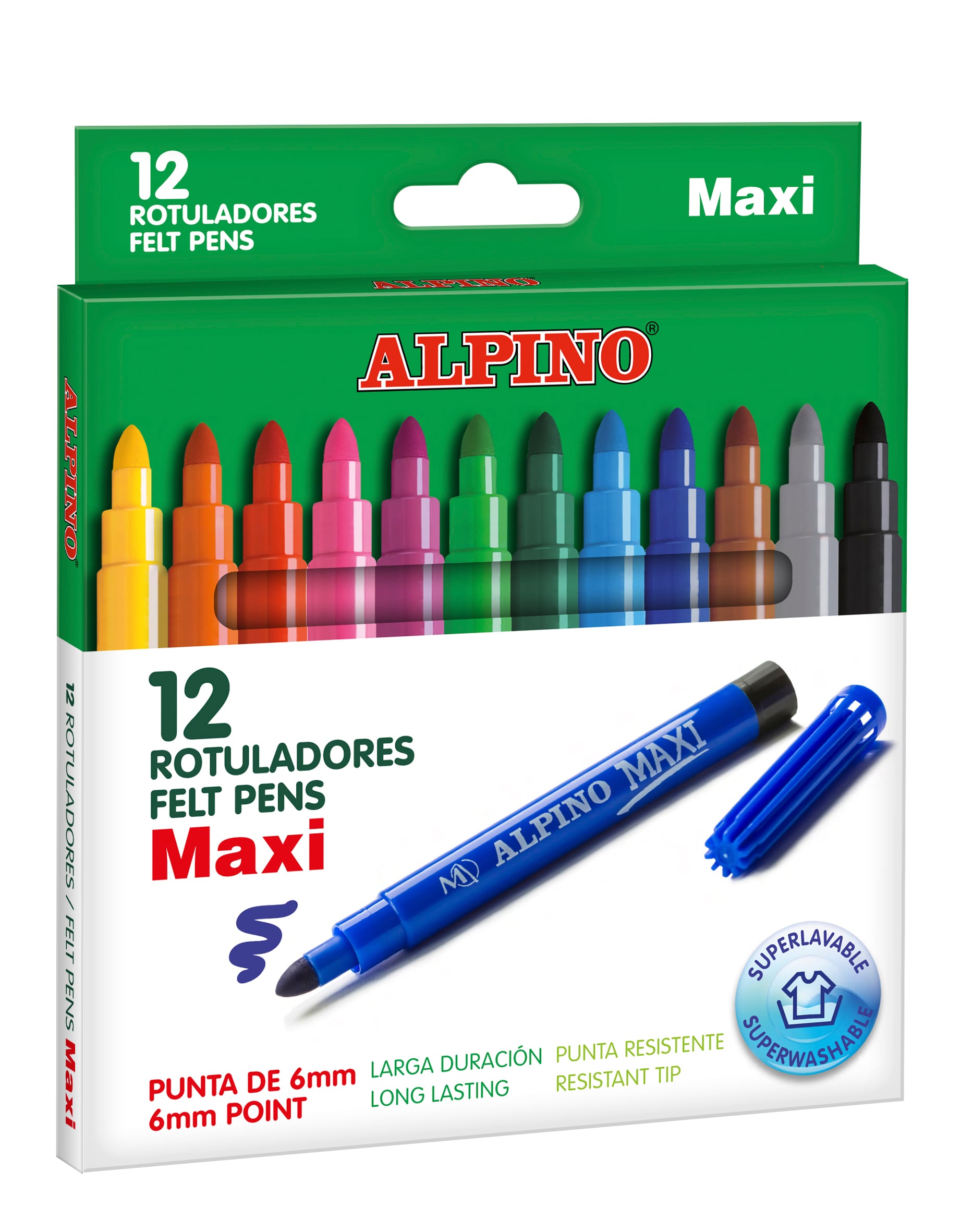 Alpino, Carioci lavabile, 12 culori/cutie ALPINO Maxi - vectordirect.ro
