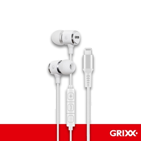 Casti,cabluri, Casti GRIXX - pentru iPhone/iPad/iPod, cu telecomanda si microfon, nylon impletit - albe - vectordirect.ro