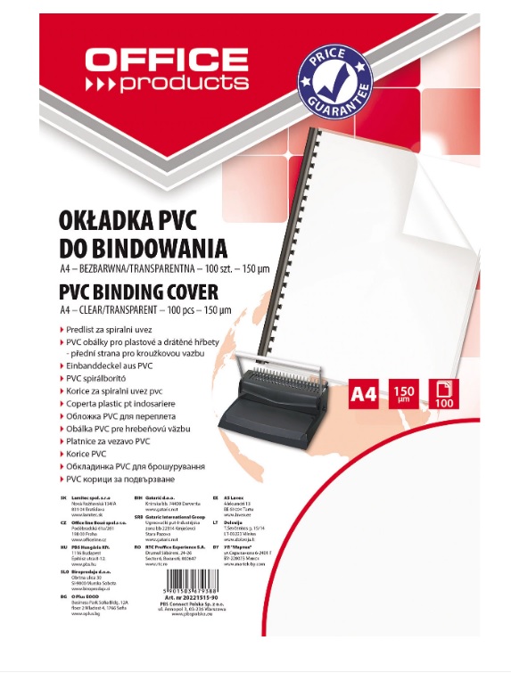 Echipamente birou, Coperta plastic PVC, 150 microni, A4, 100/top, Office Products - transparent cristal - vectordirect.ro