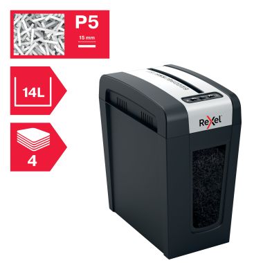 Distrugator documente manual REXEL SECURE MC4 Slim, P5, micro-cut (particule), 4 coli, 14l, negru-ar