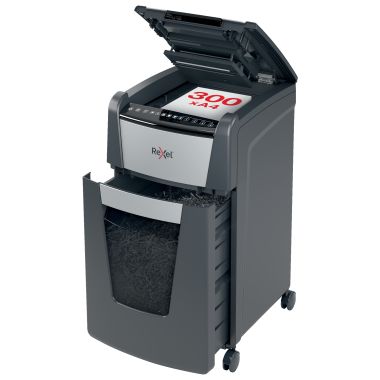 Distrugator documente automat REXEL OPTIMUM 300M, P5, micro-cut (particule), 300 coli, cos 60l, negr