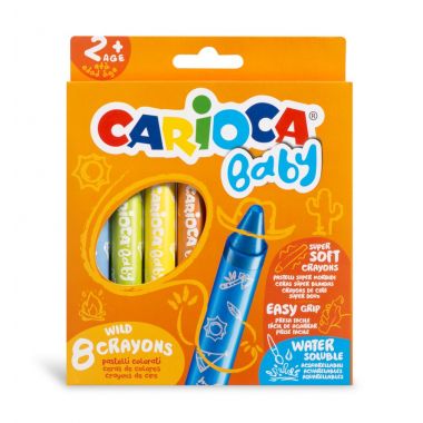 Creioane cerate, rotunde, solubile in apa,  8 culori/cutie, CARIOCA Baby Wild Crayons 2+