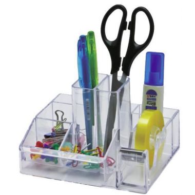 Suport plastic pentru accesorii de birou, 8 compartimente, 148 x 87mm, KEJEA - transparent