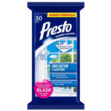 Servetele umede pentru geamuri si oglinzi,  30 buc/pachet, Presto - efect antistatic si antiaburire