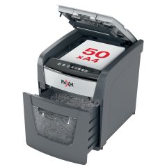 Lichidari de stoc Rexel, Distrugator documente automat REXEL OPTIMUM 50X, P4, cross-cut (confeti), 50 coli, cos 20l, negru-g - vectordirect.ro