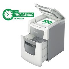 Campanii, Distrugator documente automat LEITZ IQ Small Office, P4, cross-cut (confeti), 100 coli, cos 34l, alb - vectordirect.ro