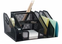 Birotica Kartia Q-connect, Organizer metalic Mesh, de birou, 6 compartimente + suport banda adeziva, Q-Connect - negru - vectordirect.ro