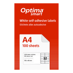 Etichete autoadezive albe, Etichete albe autoadezive 12/A4, 105 x 48 mm, 100 coli/top, Optima Smart - vectordirect.ro