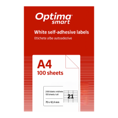 Etichete autoadezive albe, Etichete albe autoadezive 21/A4, 70 x 42,4 mm, 100 coli/top, Optima Smart - vectordirect.ro