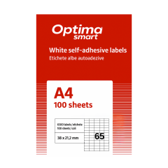 Etichete autoadezive albe, Etichete albe autoadezive 65/A4, 38 x 21,2 mm, 100 coli/top, Optima Smart - vectordirect.ro