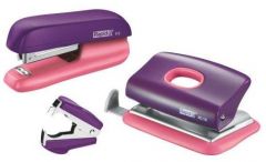 Cutii arhivare, alonje, Set capsator plastic Rapid F5, perforator plastic FC10 si decapsator, 10 coli, blister, mov-piersica - vectordirect.ro