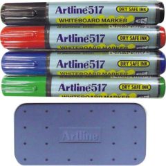 Accesorii table magnetice, Kit markere tabla de scris+burete magnetic, ARTLINE 517 - Dry safe ink, varf rotund 2.0mm, 4 cul/set - vectordirect.ro