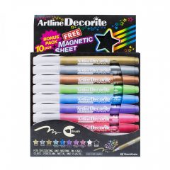 Artline, Marker ARTLINE Decorite, varf rotund 1.0mm, 10 culori metalizate/set + 1 folie magnetica neagra - vectordirect.ro