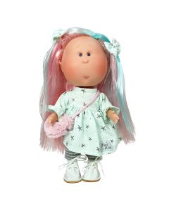 Papusa Nines D'Onil, Mia, cu parul roz si suvite verzi, cu articulatii, cu miros de vanilie, 30 cm