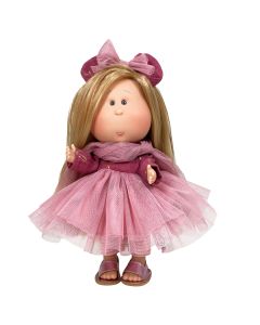 Papusa Nines D'Onil, Mia, cu parul blond si funda roz, cu articulatii, cu miros de vanilie, 30 cm