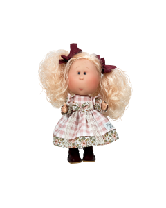 Papusa Nines D'Onil, Mia, cu parul blond si funde rosii, cu articulatii, cu miros de vanilie, 30 cm