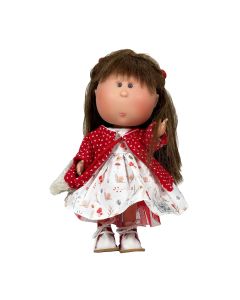 Papusa Nines D'Onil, Mia, cu parul saten si palton rosu, cu articulatii, cu miros de vanilie, 30 cm